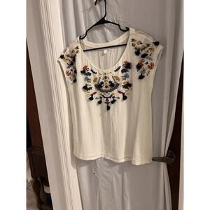 see u soon ivory embroidered and tasseled boxy oversized semi sheer top size s